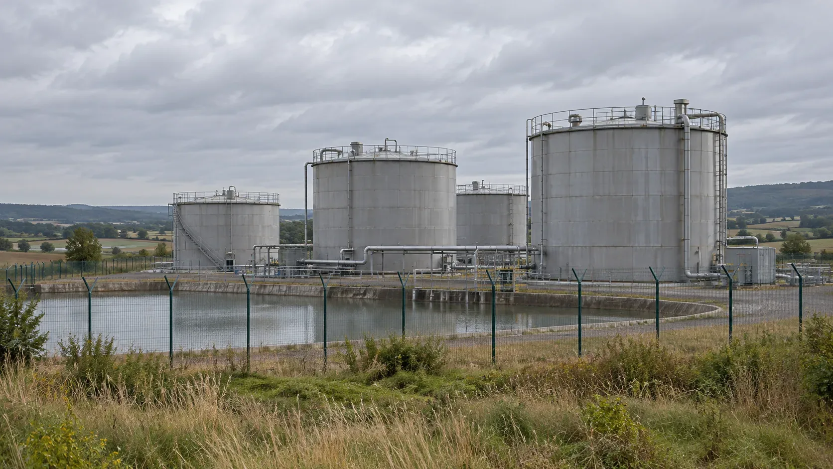 Cuves industrielles derrière une clôture, avec le paysage alentour.